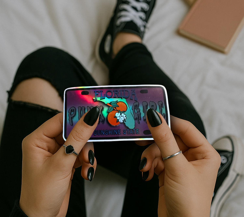 State Goth Girl License Plate, Customize Your Waterproof Die Cut Sticker, Choose Between Glossy or Holographic, Perfect Fun to any Surface