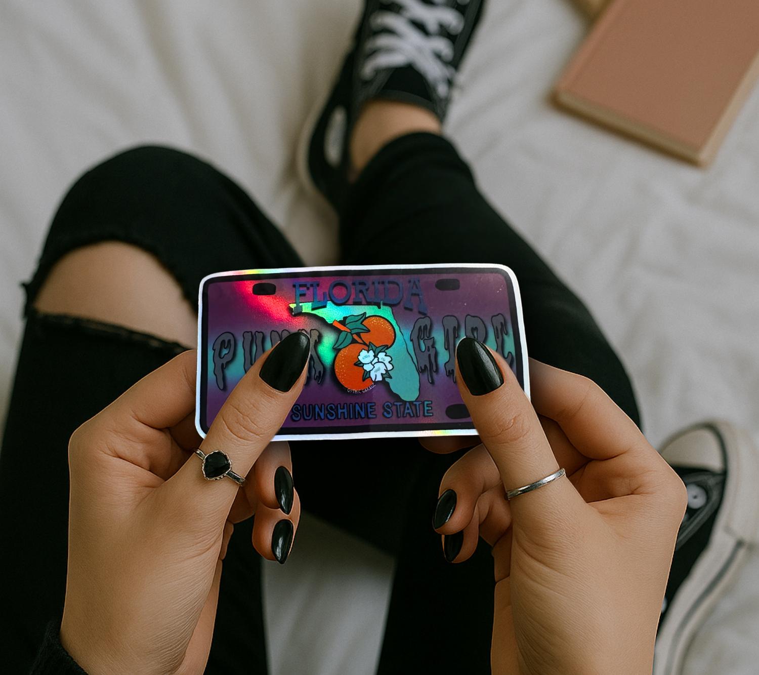 State Goth Girl License Plate, Customize Your Waterproof Die Cut Sticker, Choose Between Glossy or Holographic, Perfect Fun to any Surface