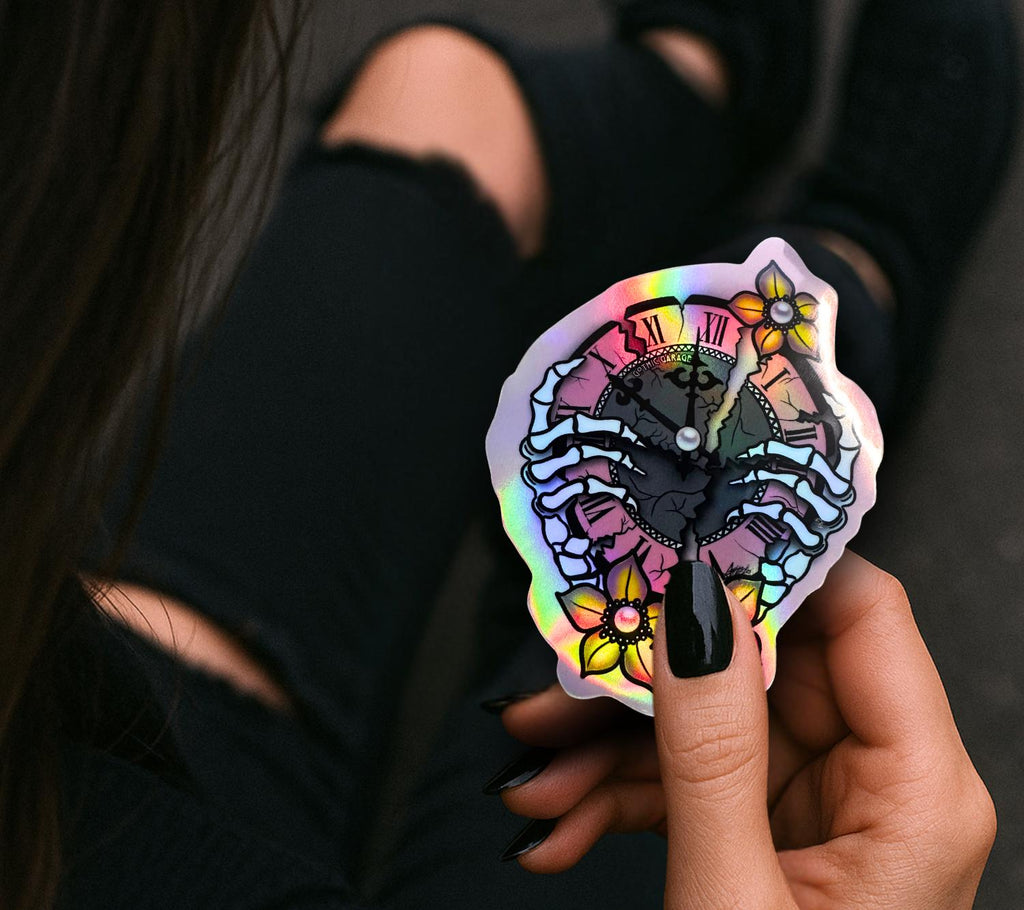 Broken Skeleton Clock Die Cut Waterproof Sticker—Timeless beauty with a gothic twist!