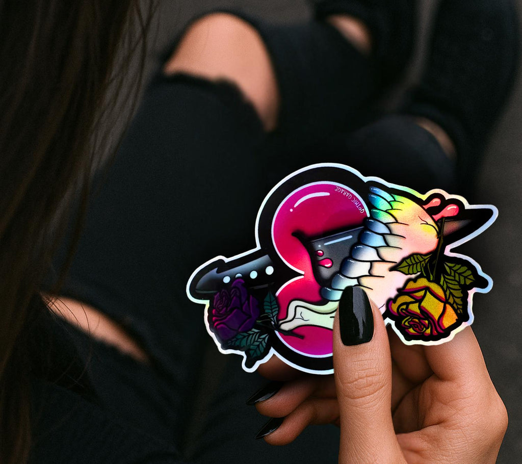 Dark Oddity Romance Waterproof Sticker - Skeleton Bone & Roses, Glossy or Holographic Options - Perfect for Laptops, Journals and Much More