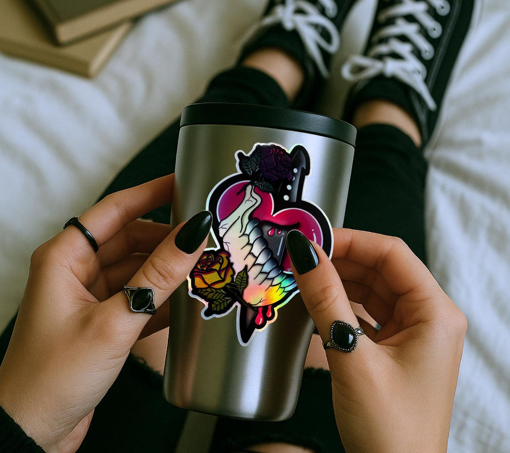Dark Oddity Romance Waterproof Sticker - Skeleton Bone & Roses, Glossy or Holographic Options - Perfect for Laptops, Journals and Much More