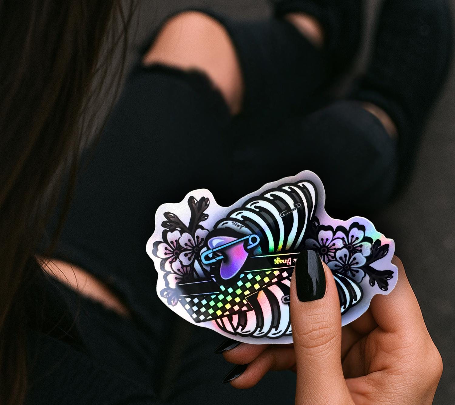 Punk Skeleton Rib Cage & Cherry Blossoms, Waterproof Die Cut Sticker, Choose Between Glossy or Holographic