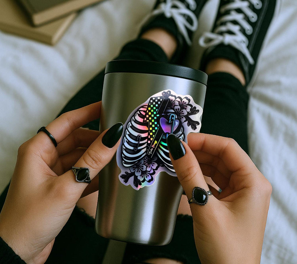 Punk Skeleton Rib Cage & Cherry Blossoms, Waterproof Die Cut Sticker, Choose Between Glossy or Holographic