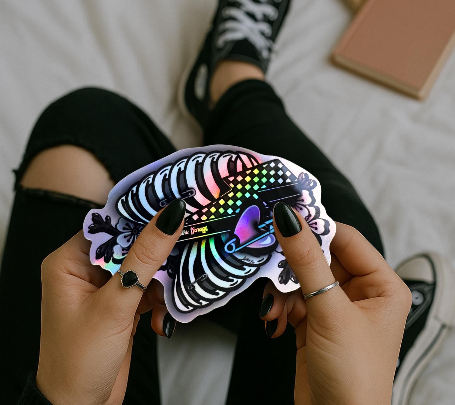 Punk Skeleton Rib Cage & Cherry Blossoms, Waterproof Die Cut Sticker, Choose Between Glossy or Holographic