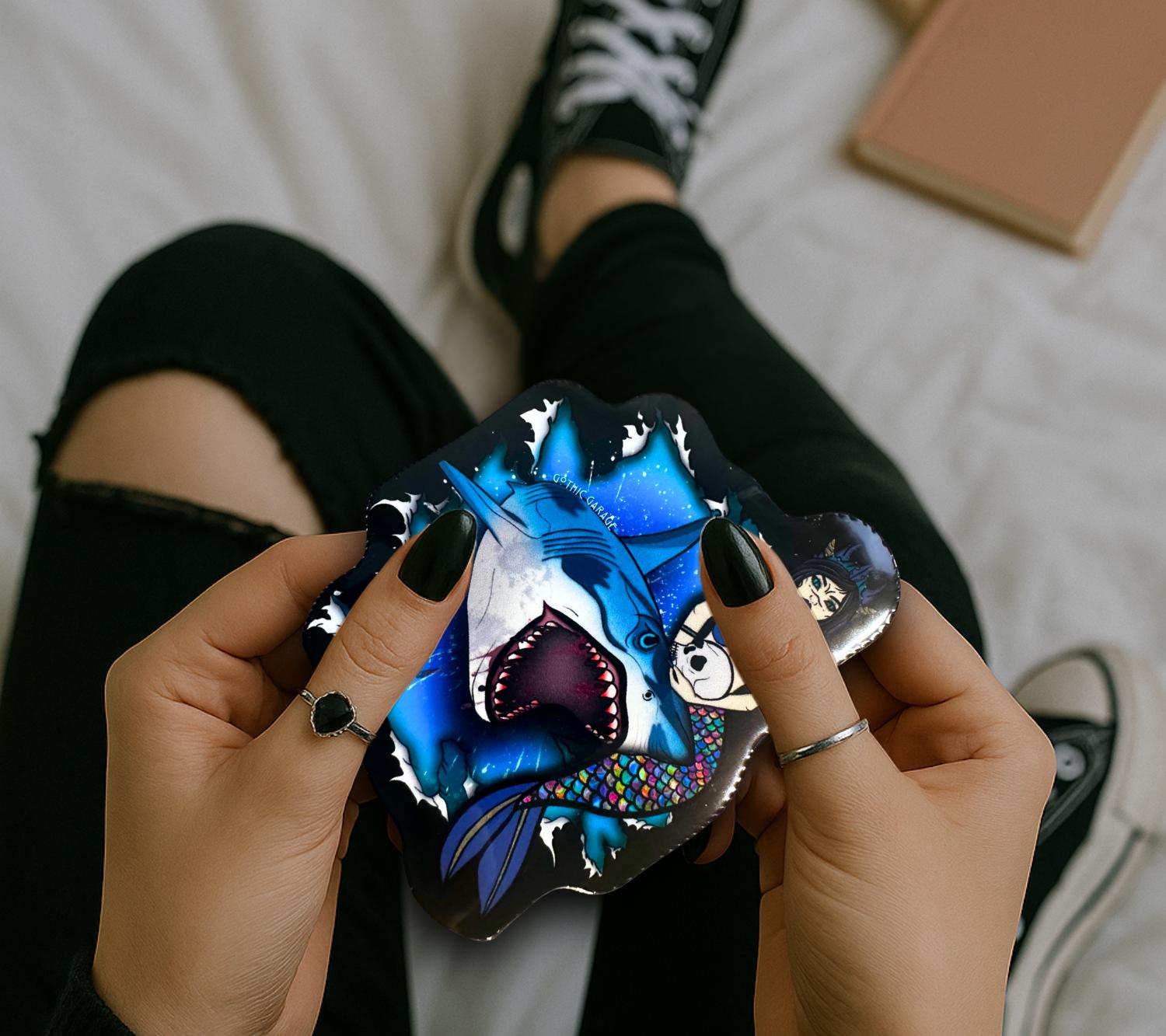 Shark & Siren, Waterproof Die Cut Sticker, Gothic Horror and Coastal Designing, Choose Glossy or Holographic for Perfect Customization