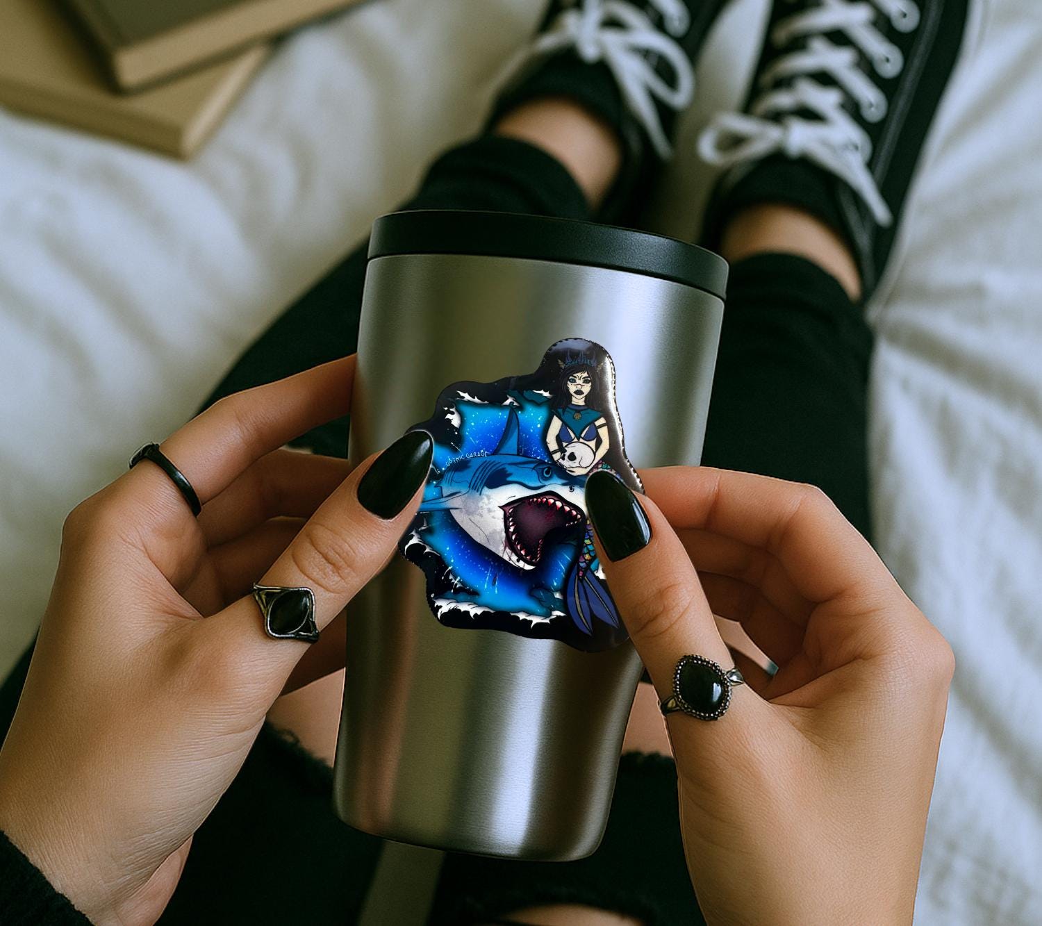 Shark & Siren, Waterproof Die Cut Sticker, Gothic Horror and Coastal Designing, Choose Glossy or Holographic for Perfect Customization