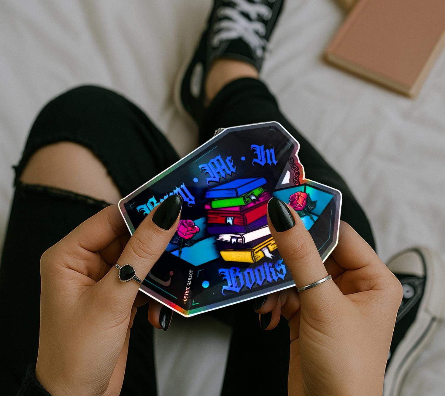 Gothic Book Nerd Coffin, Waterproof Die Cut Sticker, Choose Between Glossy or Holographic, Perfect to Add Fun to any Surface