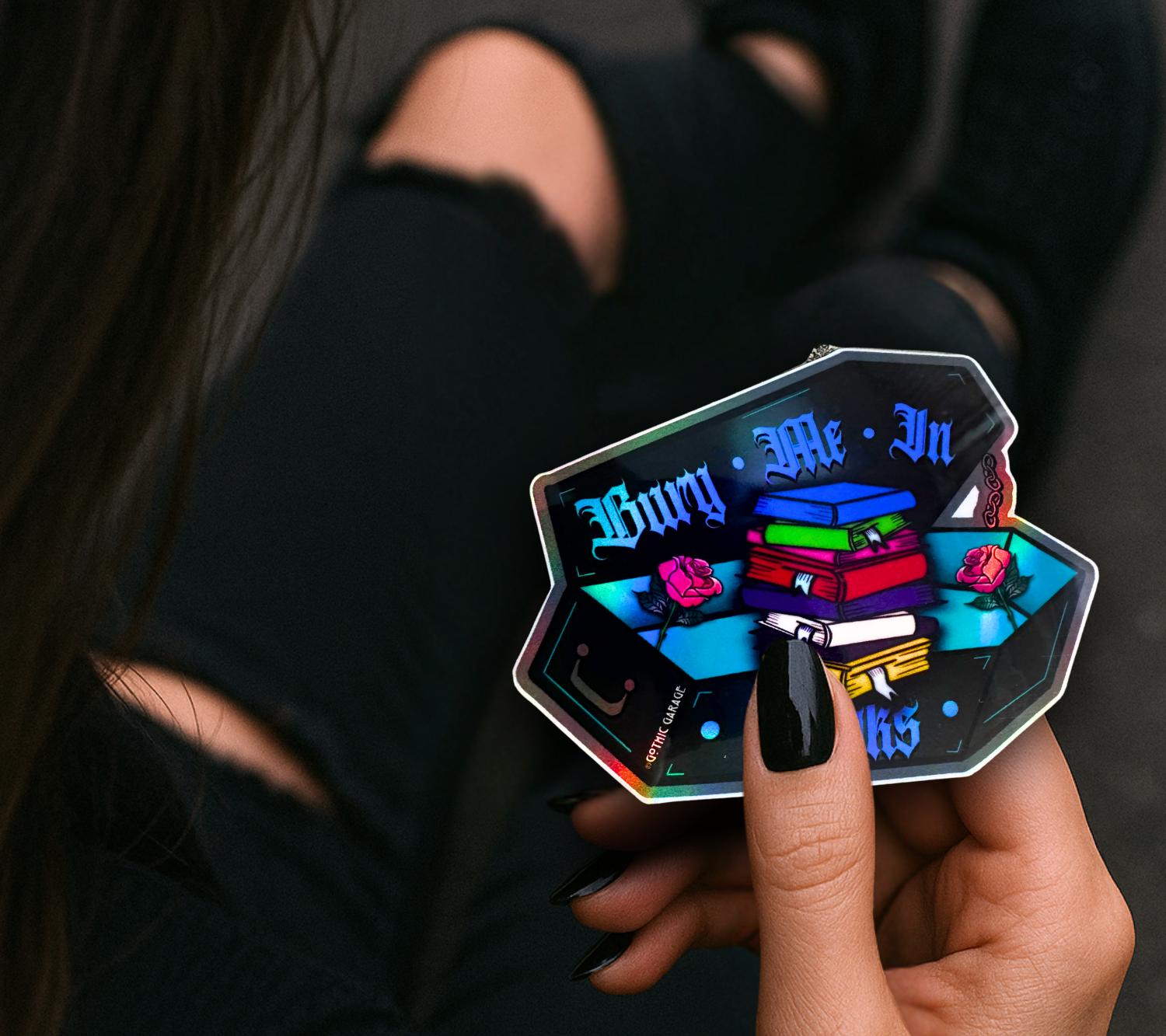 Gothic Book Nerd Coffin, Waterproof Die Cut Sticker, Choose Between Glossy or Holographic, Perfect to Add Fun to any Surface