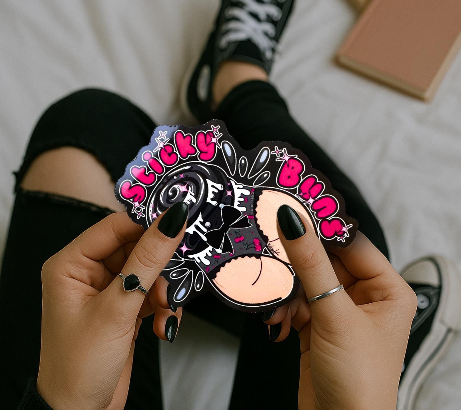 Naughty Goth Sticky Buns, Waterproof Die Cut Sticker, Choose Between Glossy or Holographic, Perfect to Add Fun to any Surface