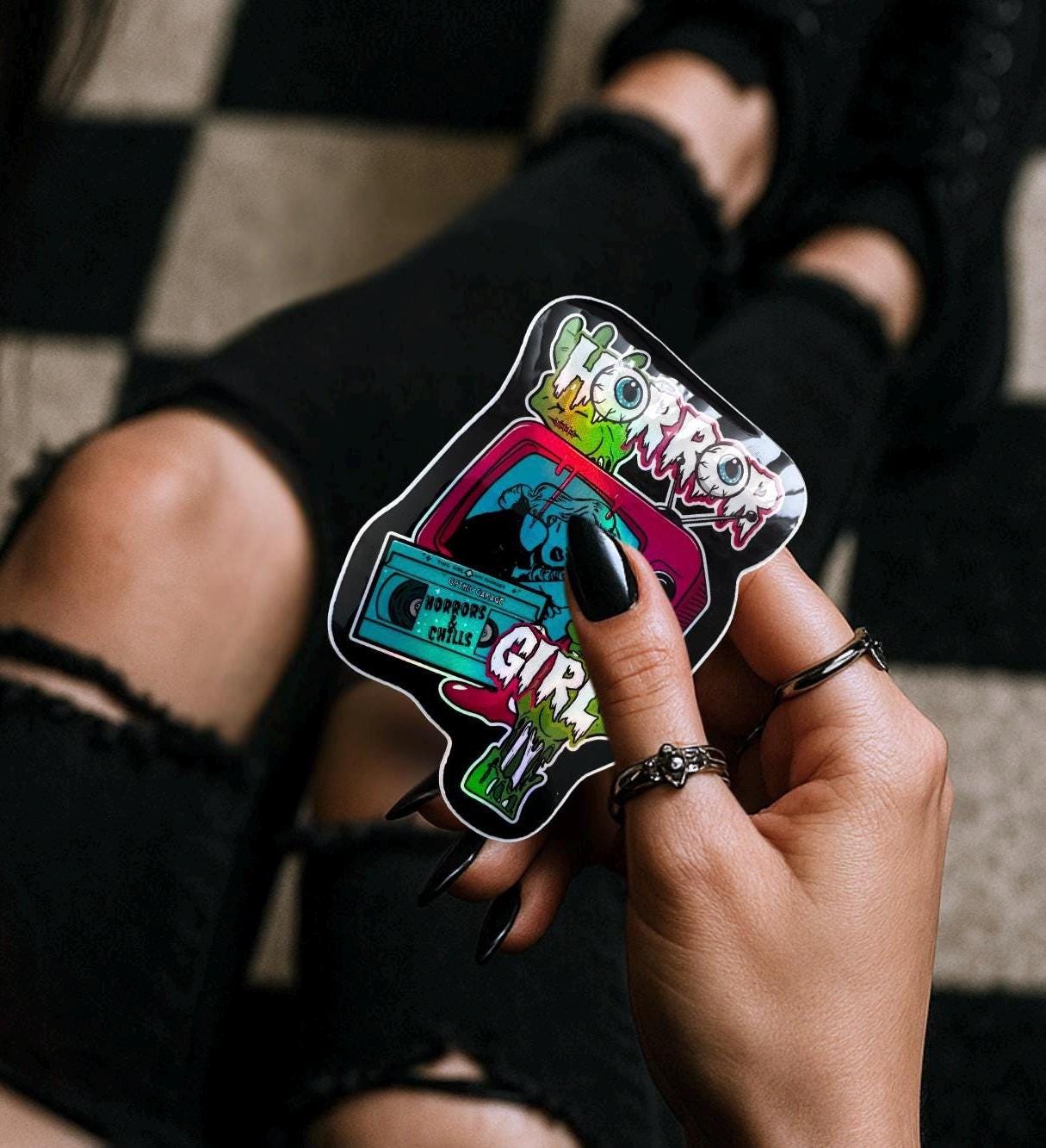 Retro Horror Girl Waterproof Sticker – Vintage Gothic TV Design