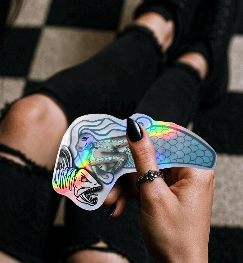 Dead Pirahana Mermaid, Waterproof Die Cut Sticker, Choose Between Glossy or Holographic, Perfect to Add Fun to any Surface