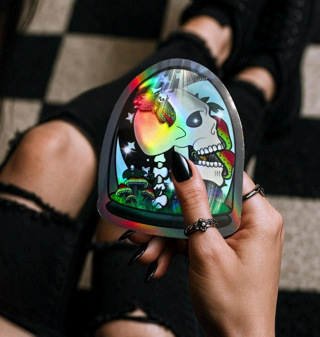 Gothic Skull Terrarium Waterproof Die Cut Sticker, – Oddities & Curiosity Vibes, Perfect Art For Dead Collectors, Glossy or Holographic