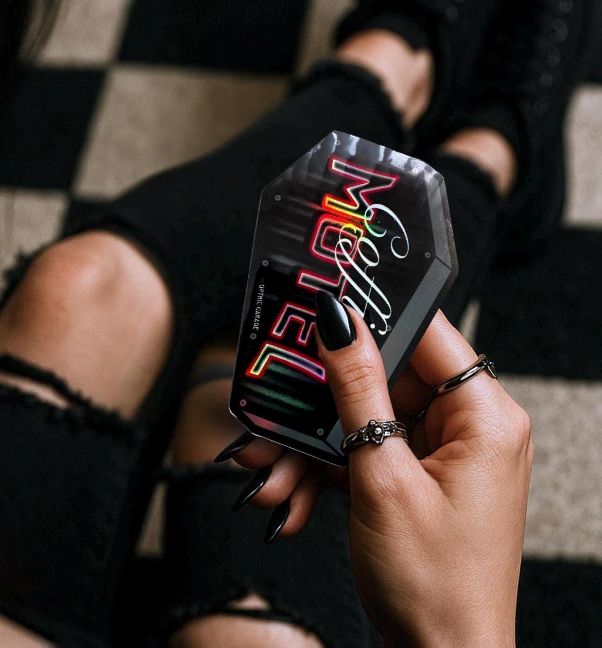 Neon Red Coffin Motel, Waterproof Die Cut Sticker, Choose Between Glossy or Holographic, Perfect to Add Scariness to any Surface