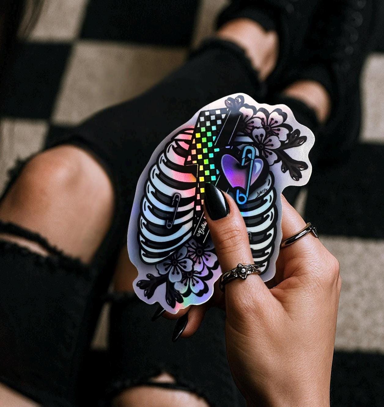 Punk Skeleton Rib Cage & Cherry Blossoms, Waterproof Die Cut Sticker, Choose Between Glossy or Holographic