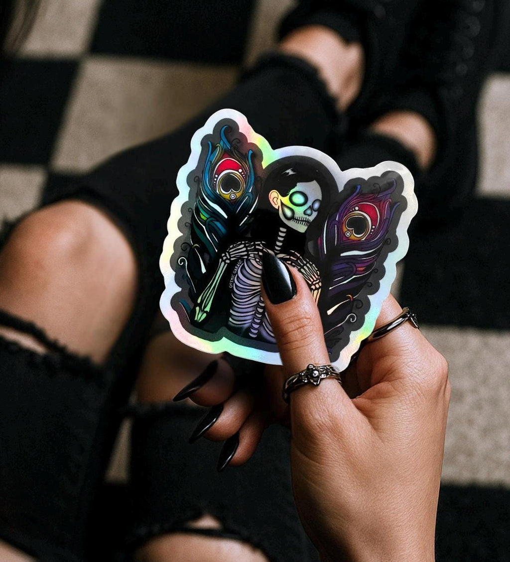 Skeleton Peacock Angel, Waterproof Die Cut Sticker, Choose Between Glossy or Holographic, Perfect to Add Fun to any Surface
