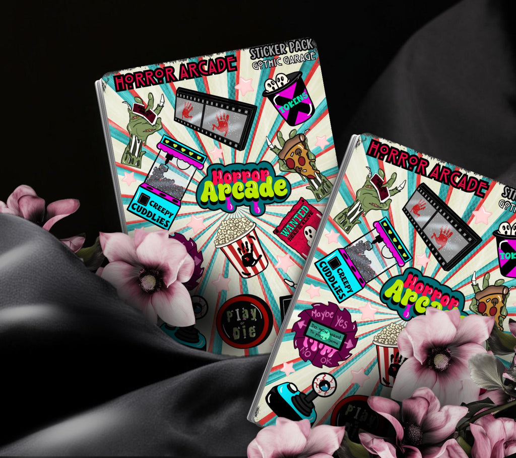 Horror Arcade Sticker Sheet – Creepy Tokens, Haunted Games & Retro Gore Galore