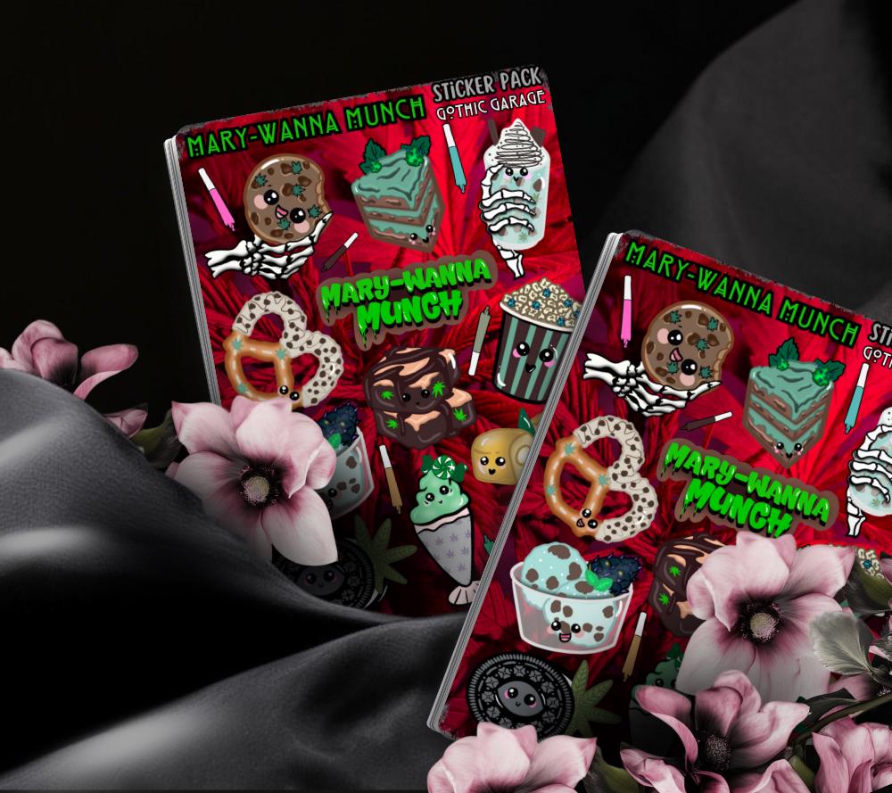 Marijuana Munch Sticker Sheet – Kawaii Edibles with a Gothic Twist