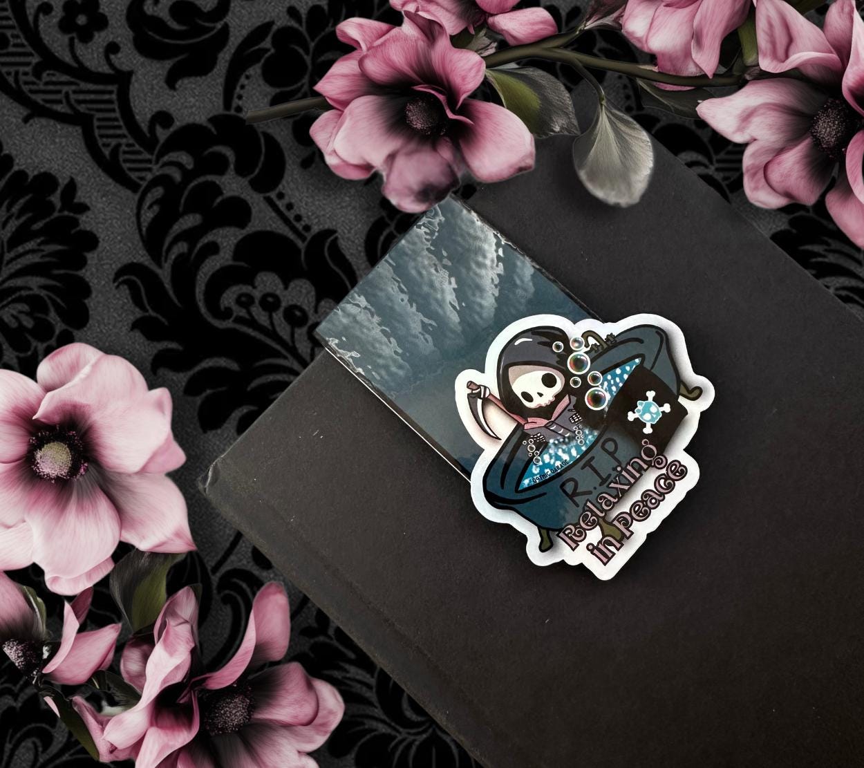Grim Reaper Magnetic Bookmark – Holographic “Relaxing in Peace” Goth Book Lover Gift