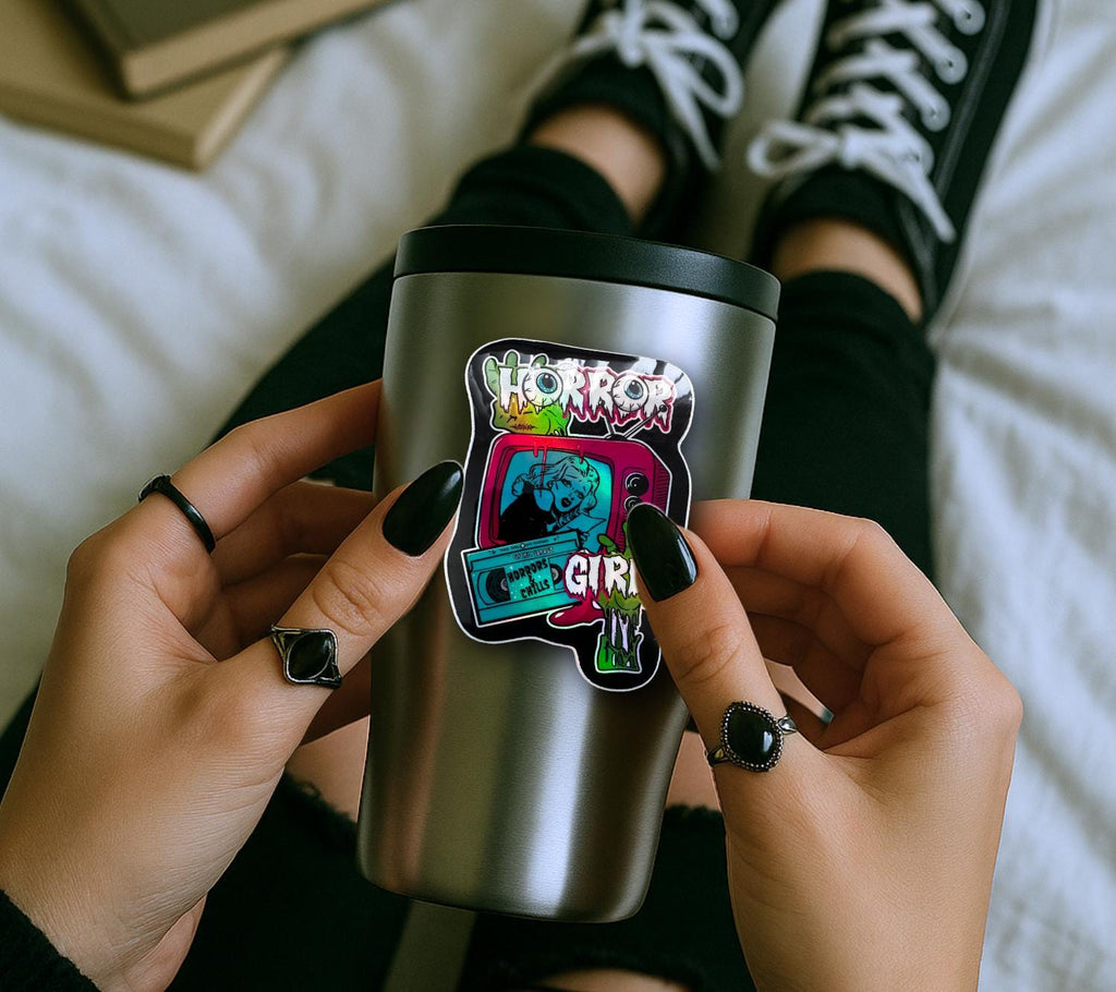 Retro Horror Girl Waterproof Sticker – Vintage Gothic TV Design