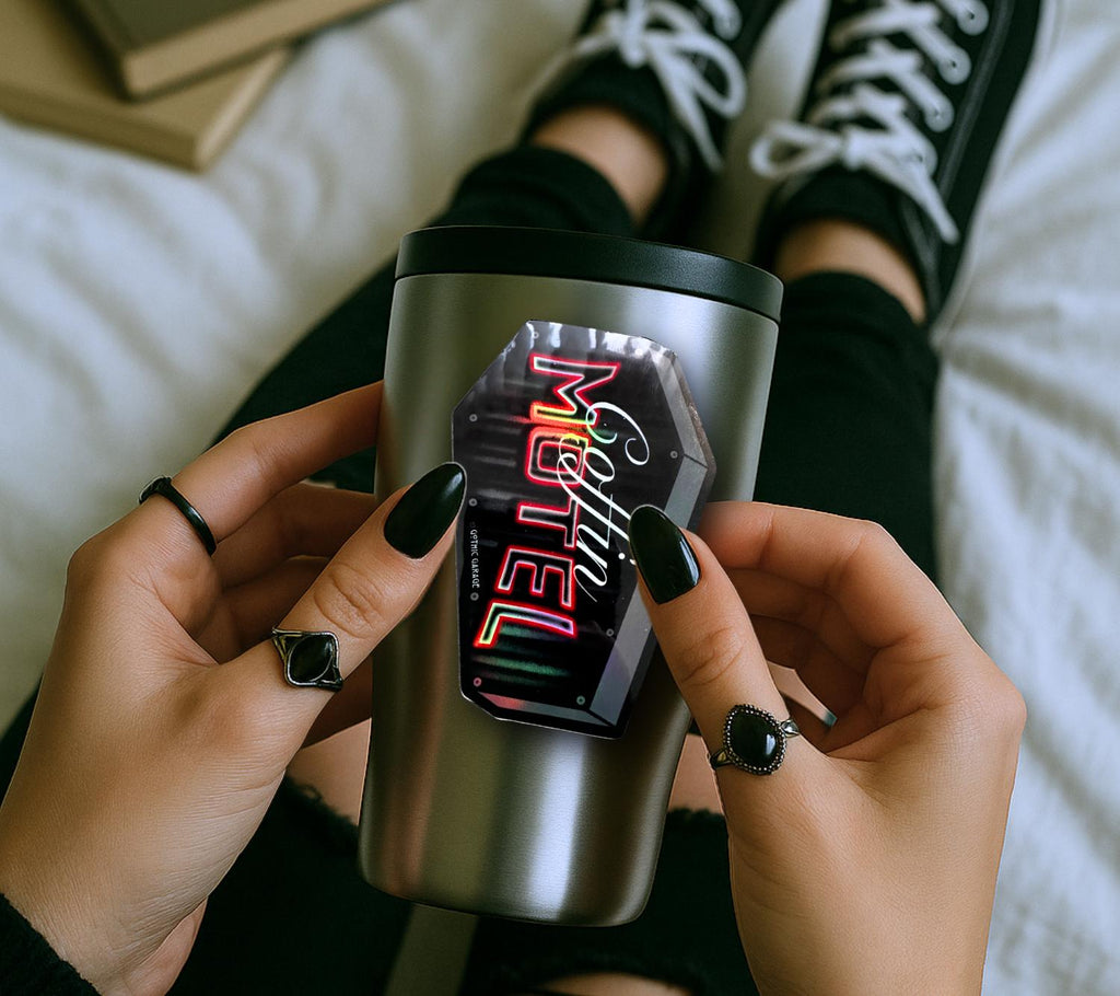 Neon Red Coffin Motel, Waterproof Die Cut Sticker, Choose Between Glossy or Holographic, Perfect to Add Scariness to any Surface