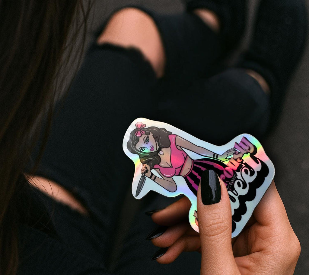 Dangerously Sweet Pin-Up Die Cut Waterproof Sticker— Retro Goth Femme Fatale, Choose Gloosy or Holographic to Fit the Perfect Killer Vibe