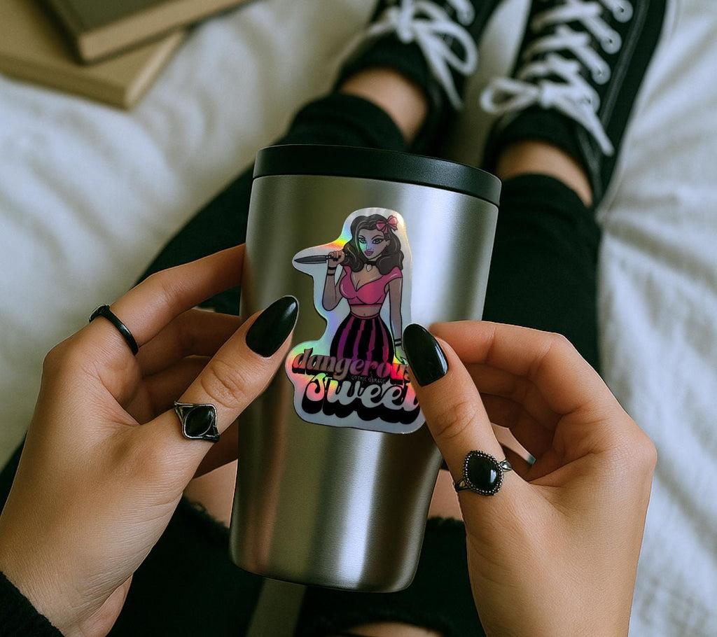 Dangerously Sweet Pin-Up Die Cut Waterproof Sticker— Retro Goth Femme Fatale, Choose Gloosy or Holographic to Fit the Perfect Killer Vibe