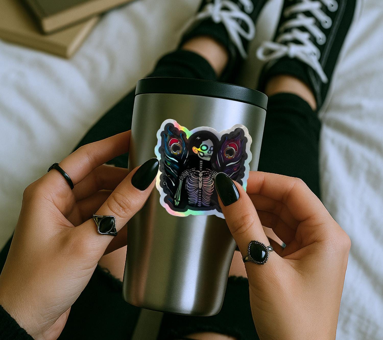 Skeleton Peacock Angel, Waterproof Die Cut Sticker, Choose Between Glossy or Holographic, Perfect to Add Fun to any Surface