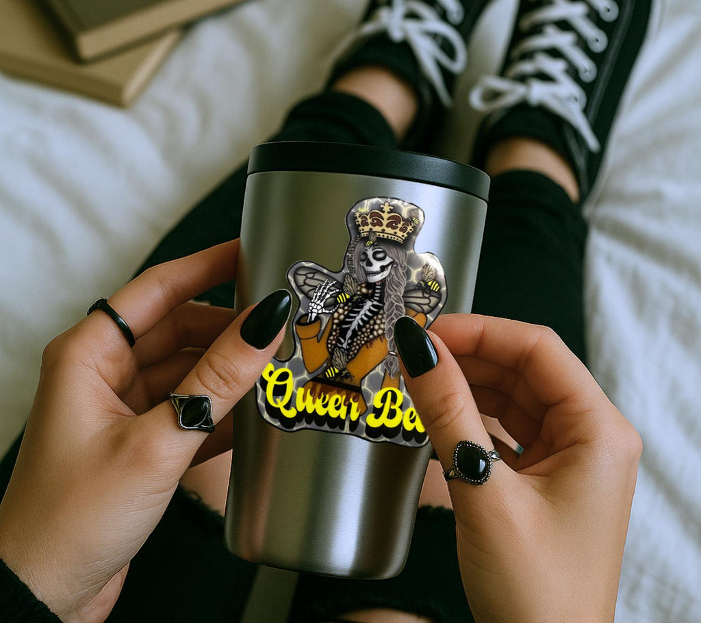 Gothic Queen Bee Skeleton Die Cut Waterproof Sticker— Goth royalty with a Sweet and Savage Side