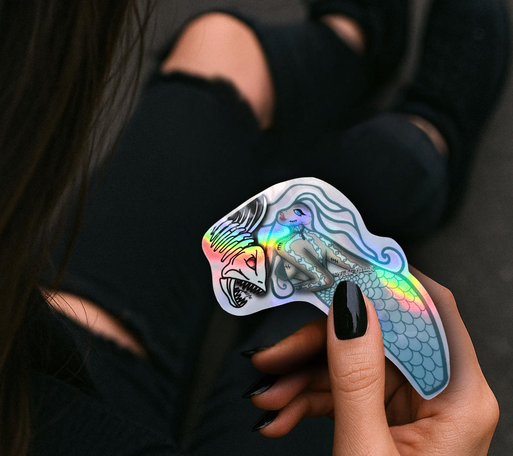Dead Pirahana Mermaid, Waterproof Die Cut Sticker, Choose Between Glossy or Holographic, Perfect to Add Fun to any Surface