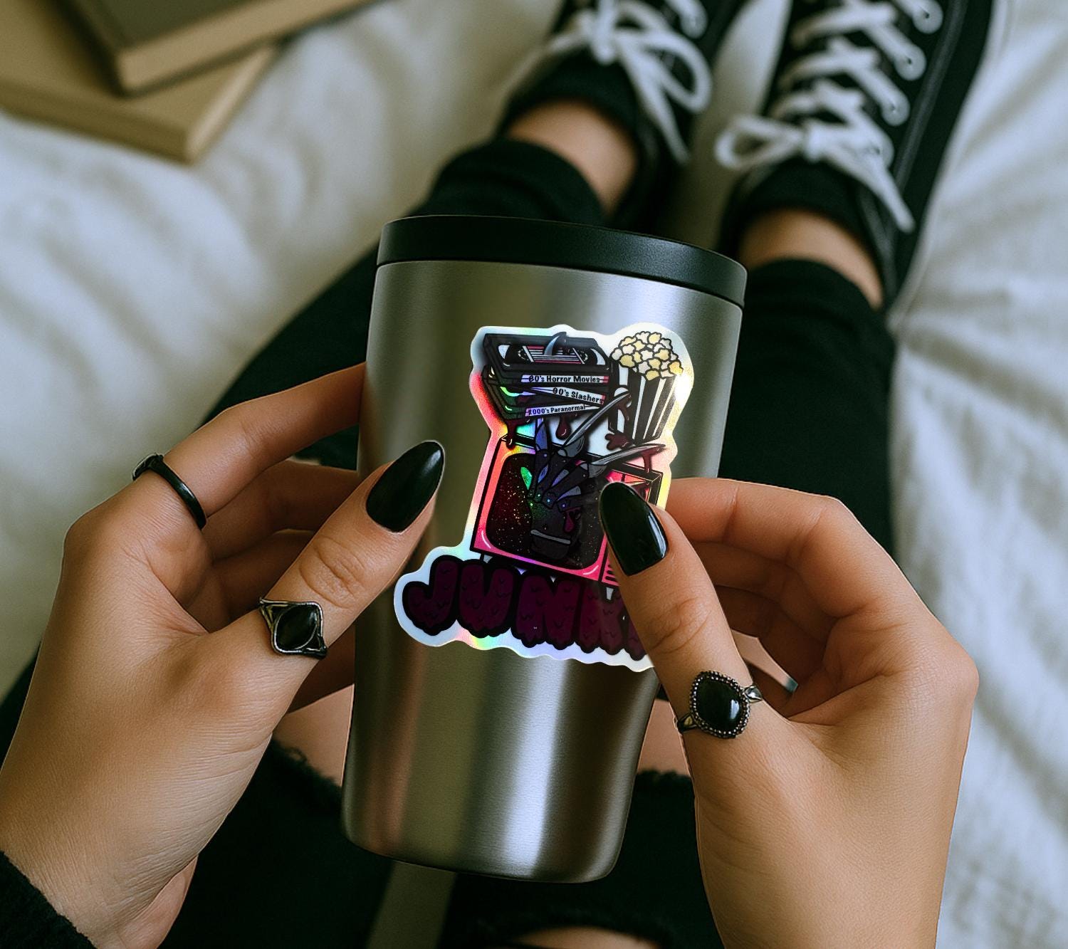 Retro Vintage Horror Junkie, Waterproof Die Cut Sticker, Choose Between Glossy or Holographic, Perfect to Add Fun to any Surface