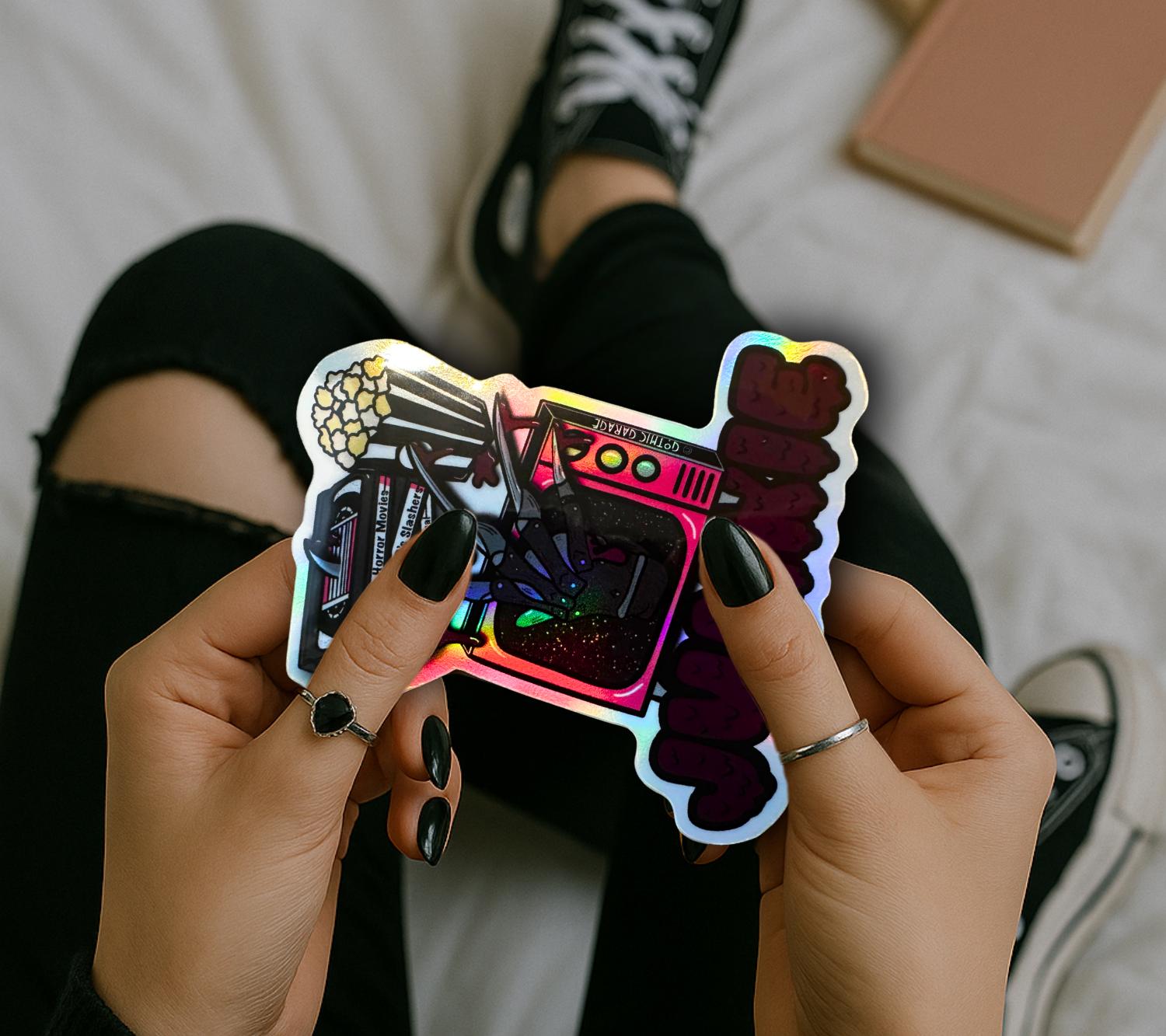 Retro Vintage Horror Junkie, Waterproof Die Cut Sticker, Choose Between Glossy or Holographic, Perfect to Add Fun to any Surface