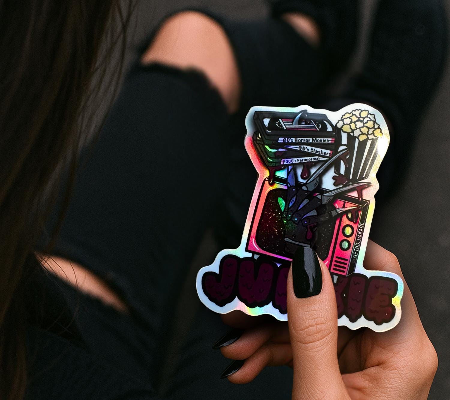 Retro Vintage Horror Junkie, Waterproof Die Cut Sticker, Choose Between Glossy or Holographic, Perfect to Add Fun to any Surface