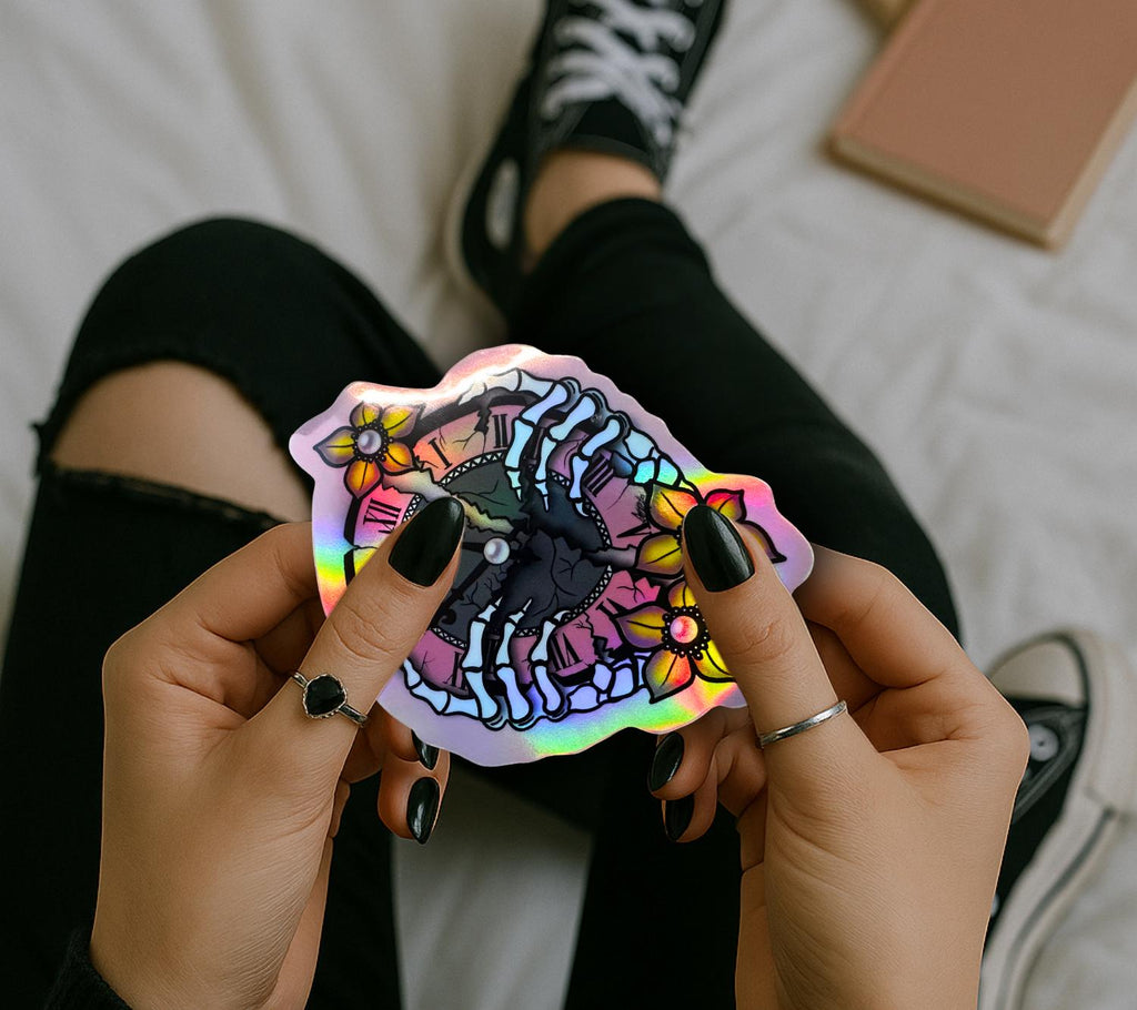 Broken Skeleton Clock Die Cut Waterproof Sticker—Timeless beauty with a gothic twist!