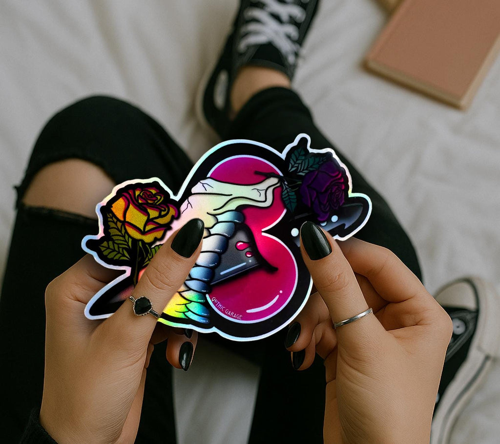 Dark Oddity Romance Waterproof Sticker - Skeleton Bone & Roses, Glossy or Holographic Options - Perfect for Laptops, Journals and Much More