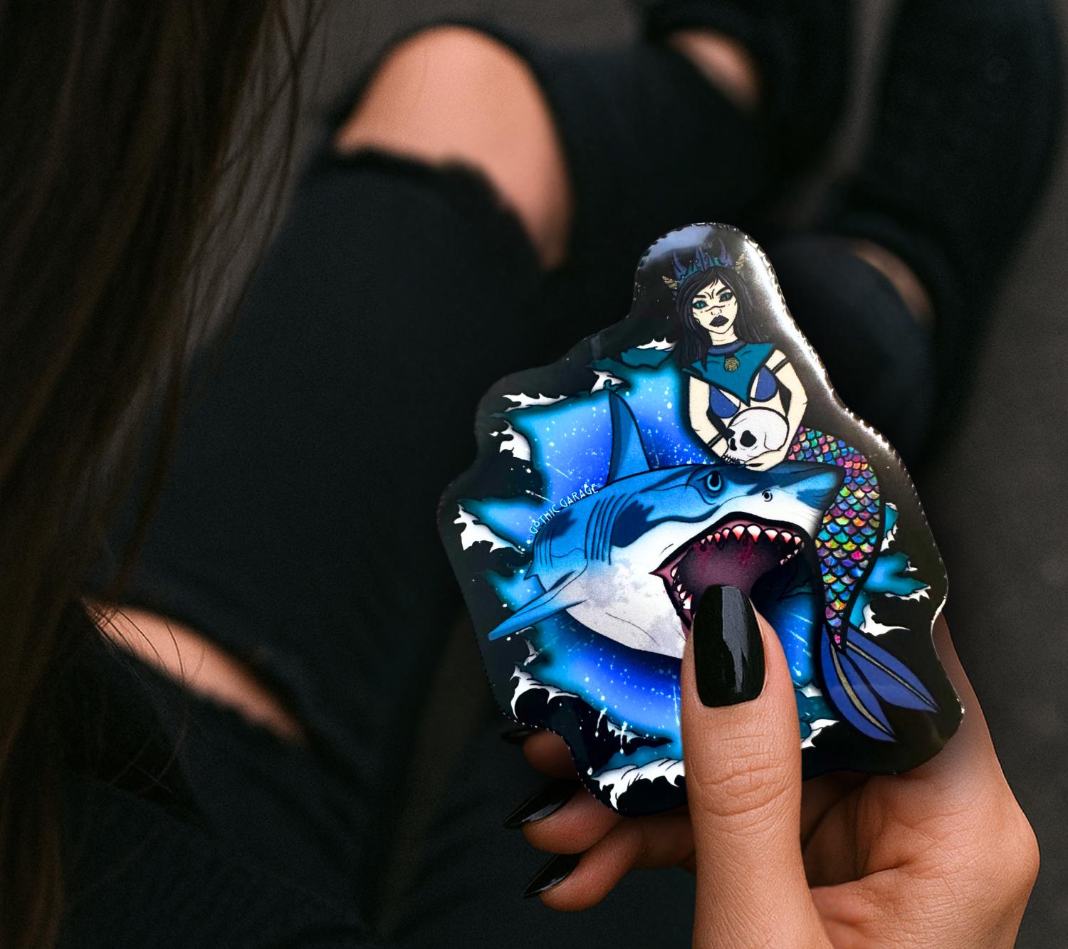 Shark & Siren, Waterproof Die Cut Sticker, Gothic Horror and Coastal Designing, Choose Glossy or Holographic for Perfect Customization