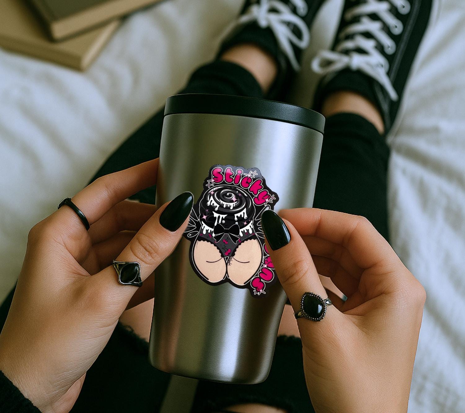 Naughty Goth Sticky Buns, Waterproof Die Cut Sticker, Choose Between Glossy or Holographic, Perfect to Add Fun to any Surface