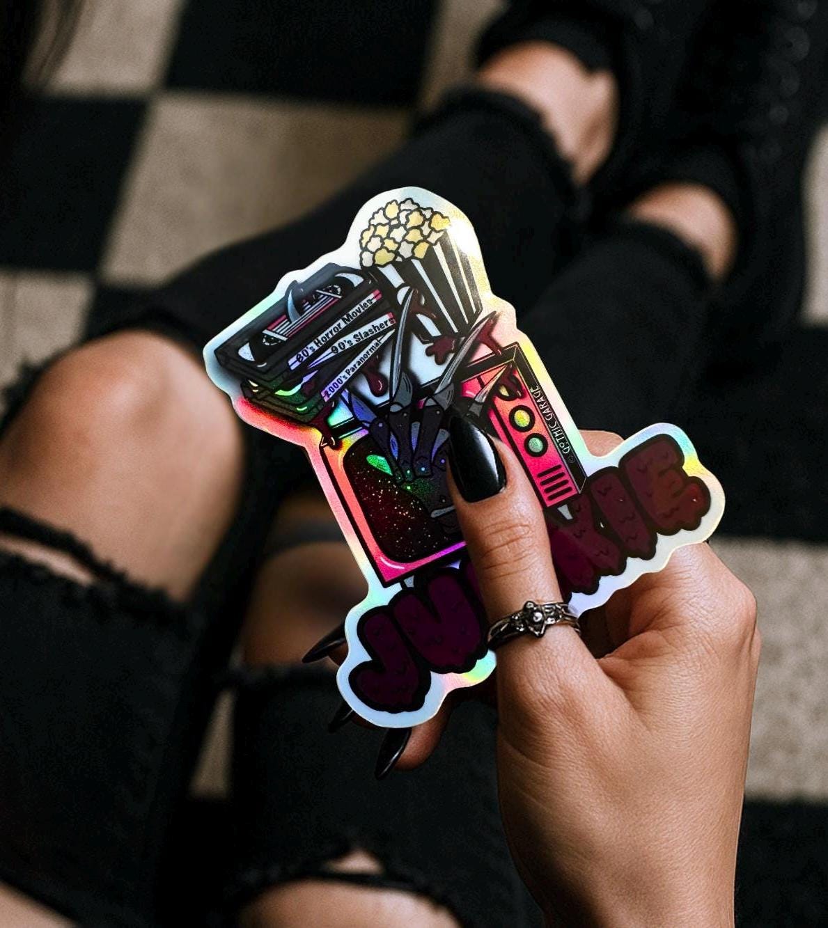 Retro Vintage Horror Junkie, Waterproof Die Cut Sticker, Choose Between Glossy or Holographic, Perfect to Add Fun to any Surface