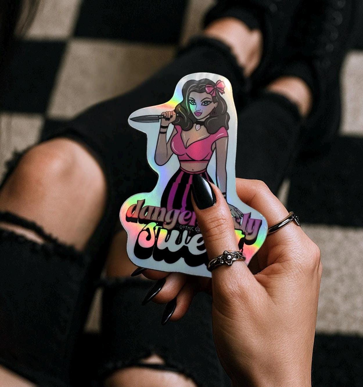 Dangerously Sweet Pin-Up Die Cut Waterproof Sticker— Retro Goth Femme Fatale, Choose Gloosy or Holographic to Fit the Perfect Killer Vibe