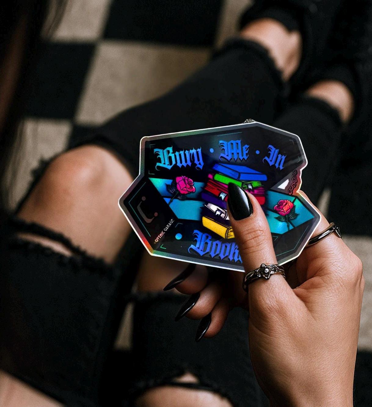 Gothic Book Nerd Coffin, Waterproof Die Cut Sticker, Choose Between Glossy or Holographic, Perfect to Add Fun to any Surface