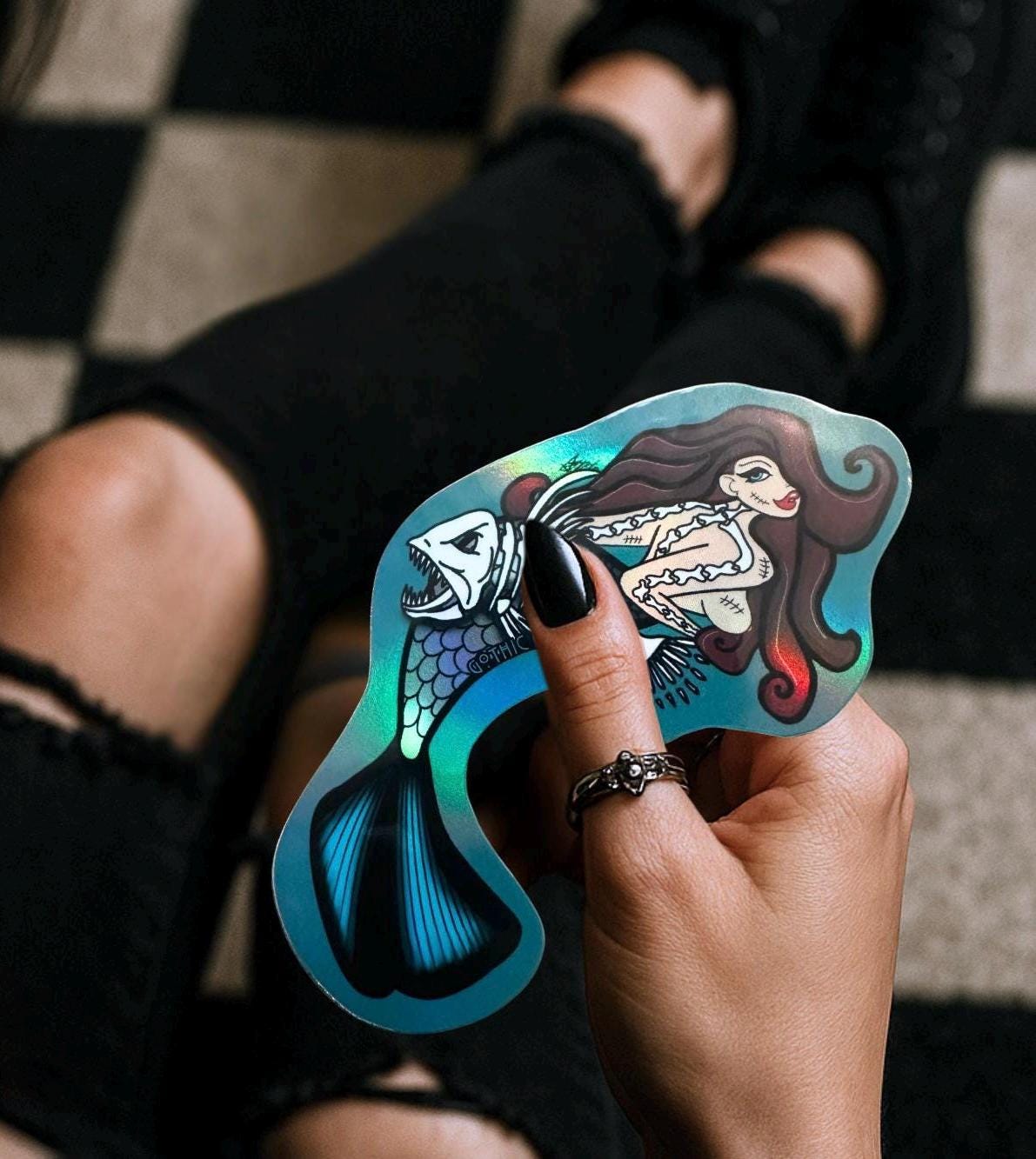 Gothic Nude Mermaid Die Cut Waterproof Sticker—Dive deep into haunting waters with this mesmerizing dark fantasy sticker!