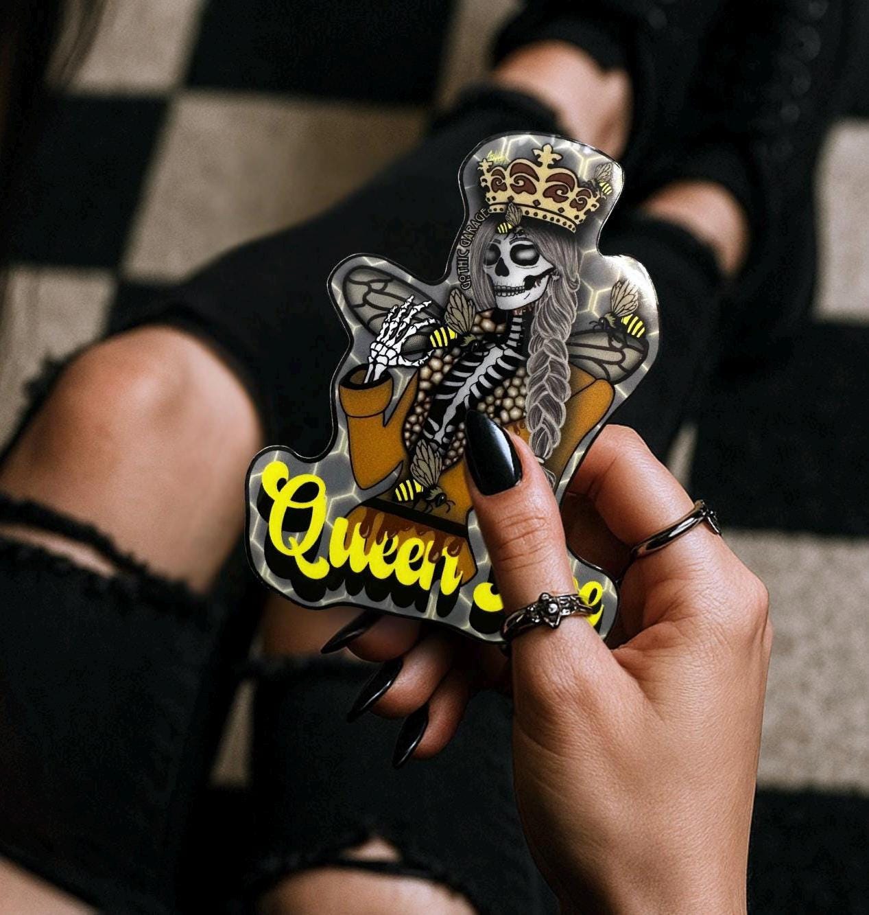 Gothic Queen Bee Skeleton Die Cut Waterproof Sticker— Goth royalty with a Sweet and Savage Side