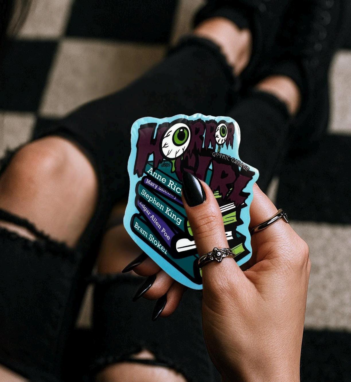 Horror Girl Book Lover Die Cut Waterproof Sticker—Because spooky gals read classics and creep it real!
