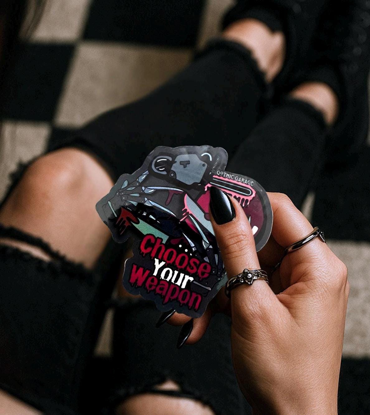 Horror Junkie Weapons, Waterproof Die Cut Sticker, Choose Between Glossy or Holographic, Perfect to Add Retro & Vintage Fun to any Surface