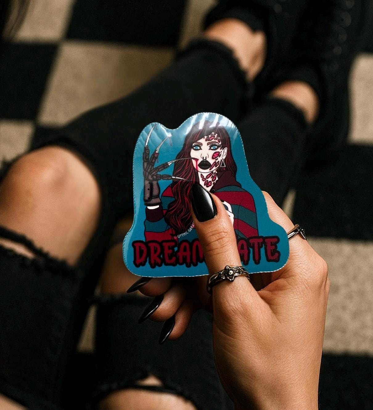 Retro Female Horror Villain - Waterproof Hand Drawn Die Cut Sticker, A Perfect Gift for Gore-Geeks & Your Choice of Glossy or Holographic