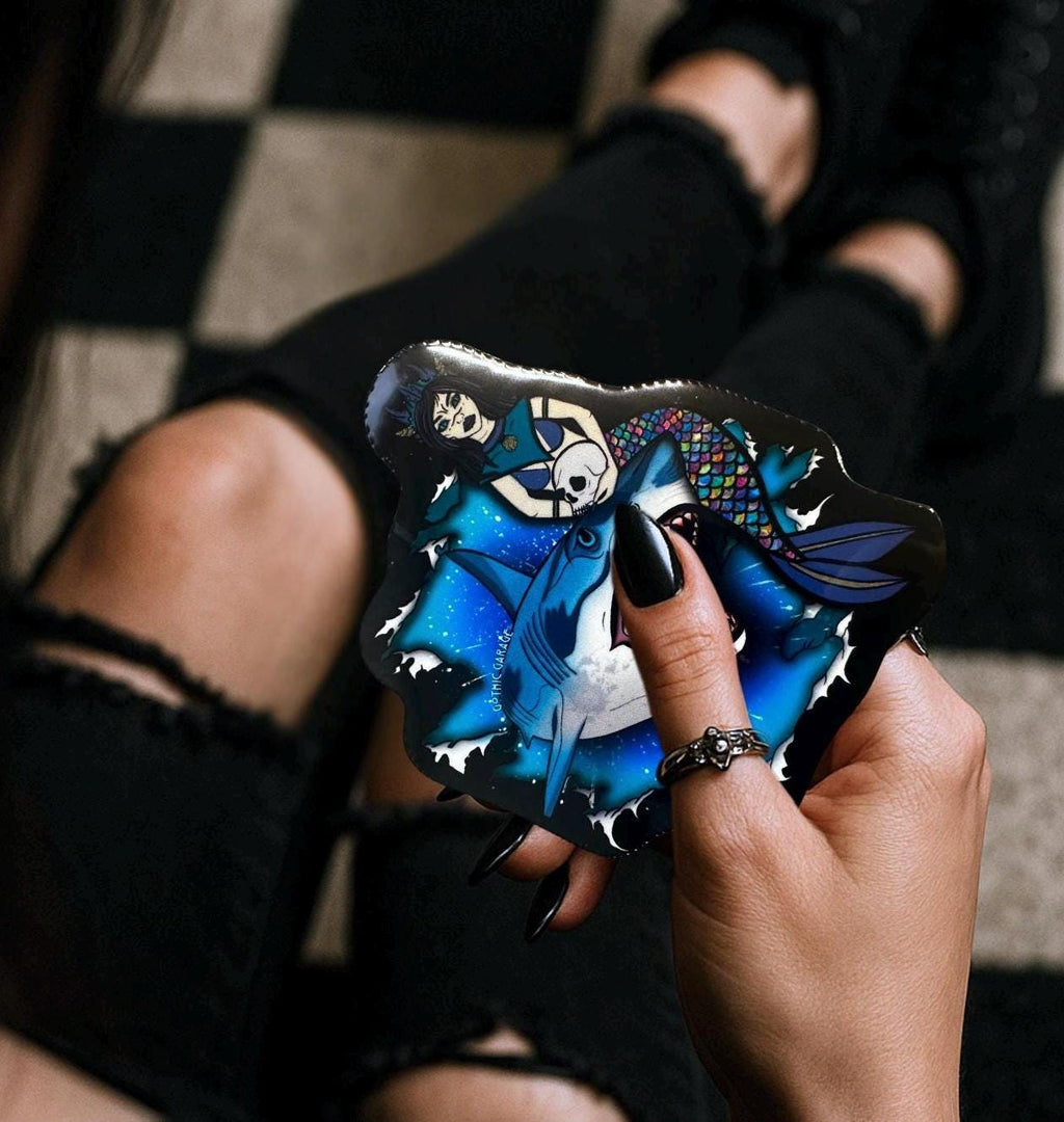 Shark & Siren, Waterproof Die Cut Sticker, Gothic Horror and Coastal Designing, Choose Glossy or Holographic for Perfect Customization