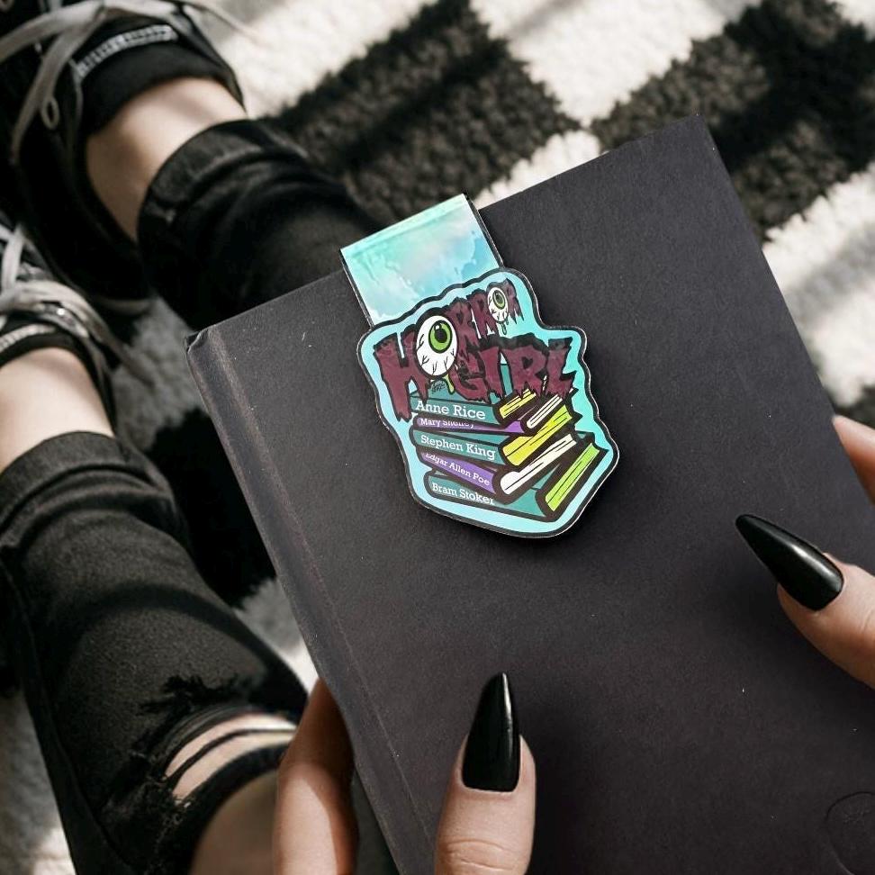 Horror Girl Magnetic Bookmark – Holographic Goth Bookmark Featuring Classic Horror Authors