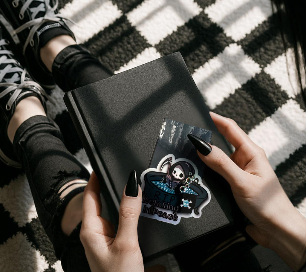 Grim Reaper Magnetic Bookmark – Holographic “Relaxing in Peace” Goth Book Lover Gift