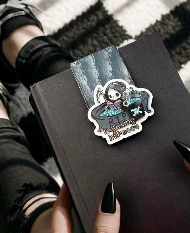 Grim Reaper Magnetic Bookmark – Holographic “Relaxing in Peace” Goth Book Lover Gift