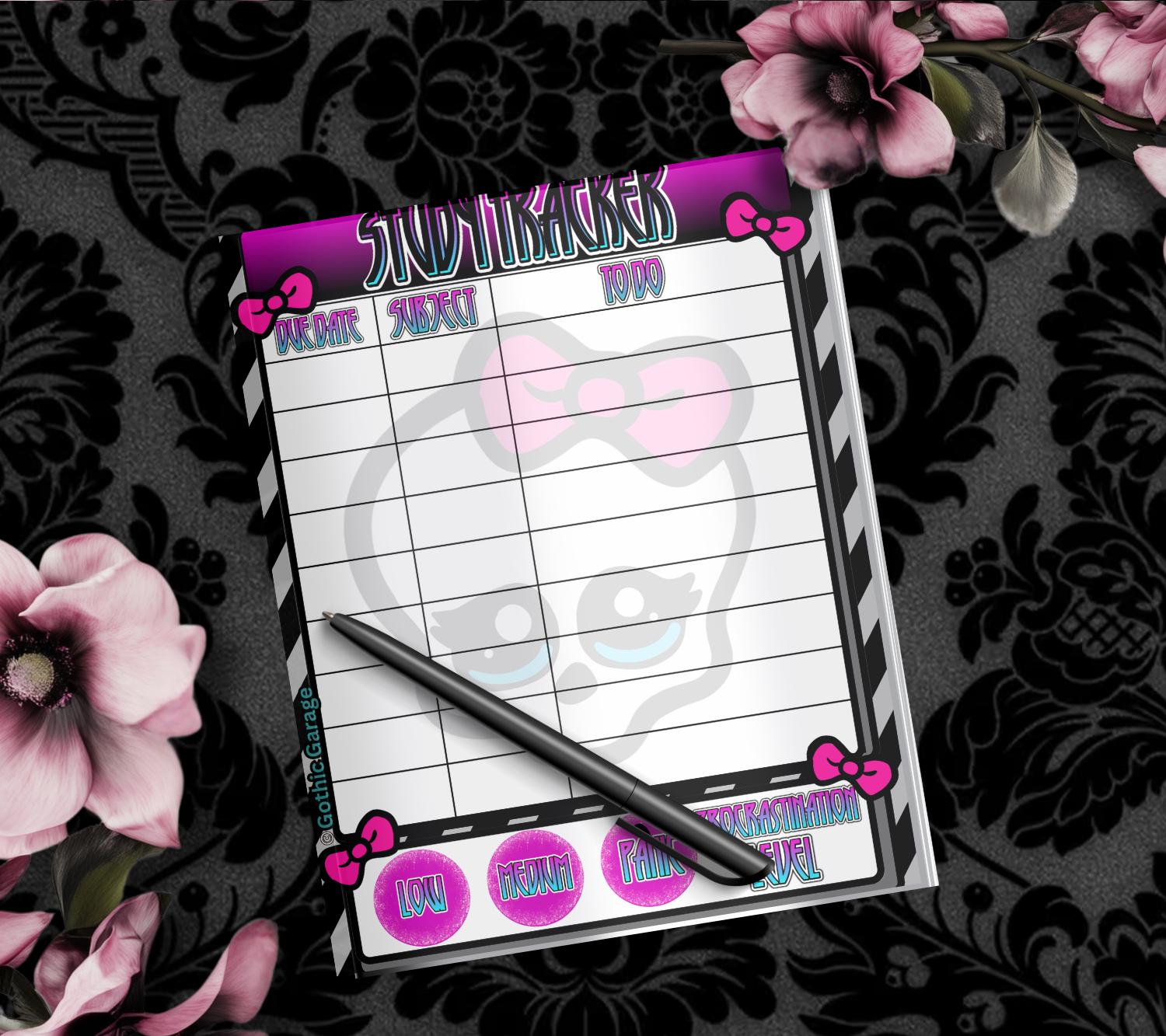 Gothic Study Tracker Notepad – Cute Pastel Skull Planner for Students & Procrastinators