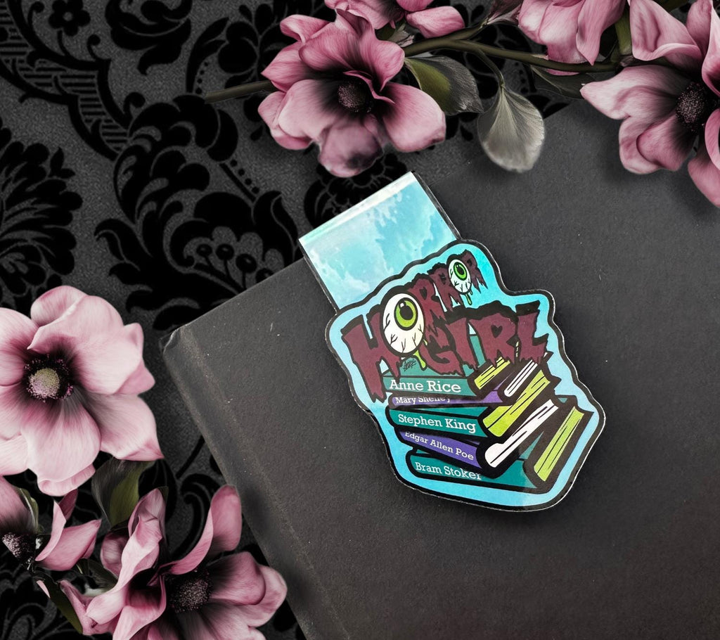 Horror Girl Magnetic Bookmark – Holographic Goth Bookmark Featuring Classic Horror Authors
